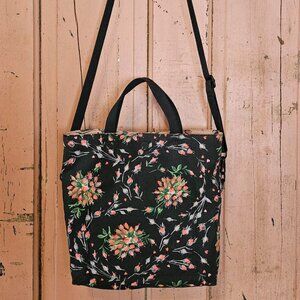 Black OR Pink Floral Canvas Tote Bag  w/ Handles + Crossbody Strap